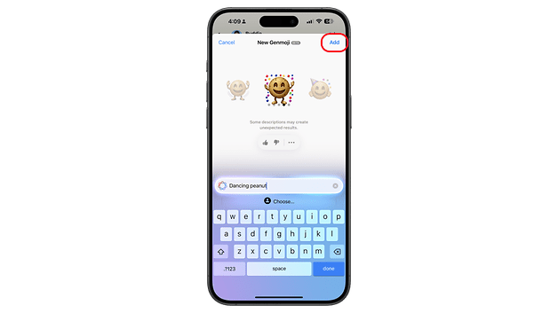 Uma tela de smartphone exibindo uma interface de criação de emoji com um rótulo 'Amendoim dançante' e um botão 'Adicionar'.