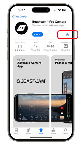 iPhone displaying the Beastcam Pro Camera app with ratings and features.