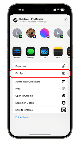 iPhone screen displaying the Beastcam app with options to gift the app and other actions.