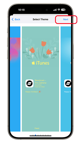 iPhone screen displaying theme selection for iTunes with 'Next' button.