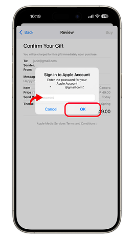 iPhone screen displaying 'Confirm Your Gift' with fields for email and password.