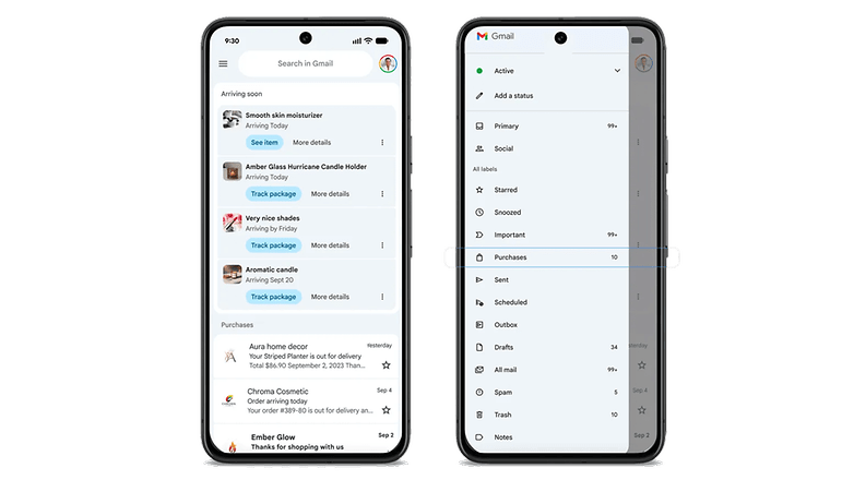 Screenshot of Gmail app showing incoming packages and purchase labels. Screenshot of Gmail app showing incoming packages and purchase labels.
