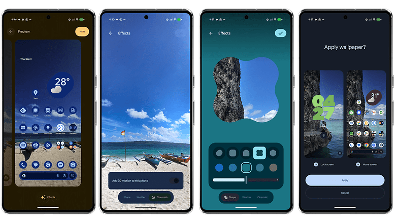 Four smartphone screens displaying a weather app, effects options, and wallpaper application features. Four smartphone screens displaying a weather app, effects options, and wallpaper application features.