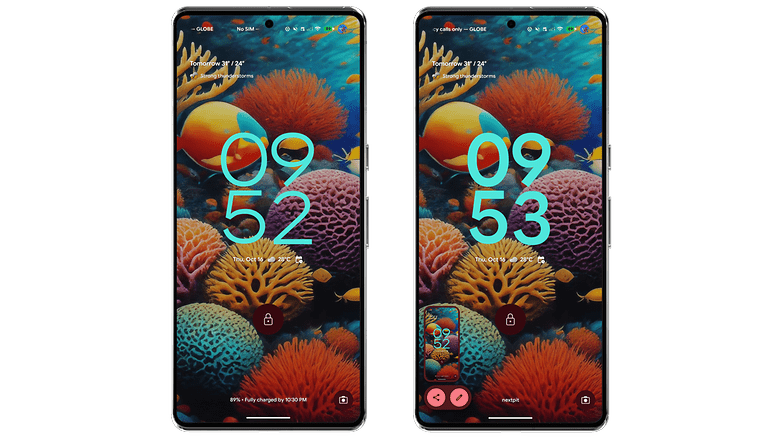 Two smartphone screens displaying a colorful coral reef wallpaper with the time 09:52 and 09:53. Two smartphone screens displaying a colorful coral reef wallpaper with the time 09:52 and 09:53.