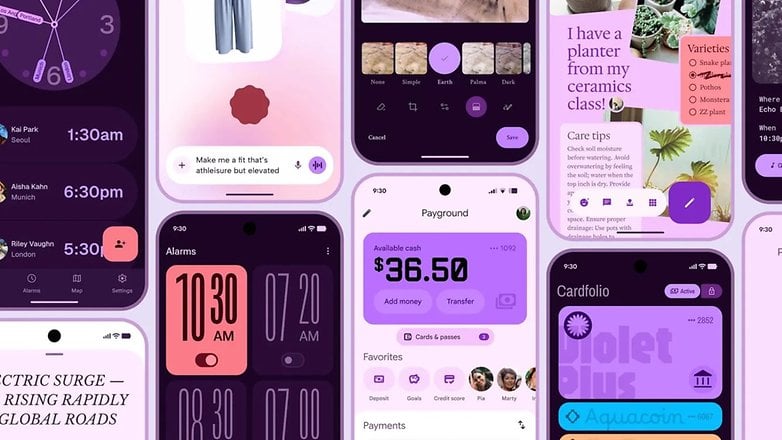 Screens showcasing various Android app interfaces with purple themes, displaying time, alarms, and plant care tips. Screens showcasing various Android app interfaces with purple themes, displaying time, alarms, and plant care tips.