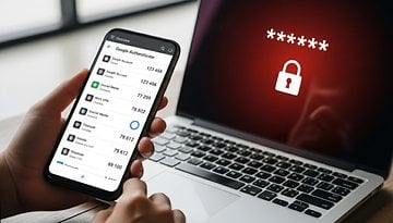 A hand holding a smartphone displaying Google Authenticator, next to a laptop screen showing a password prompt.