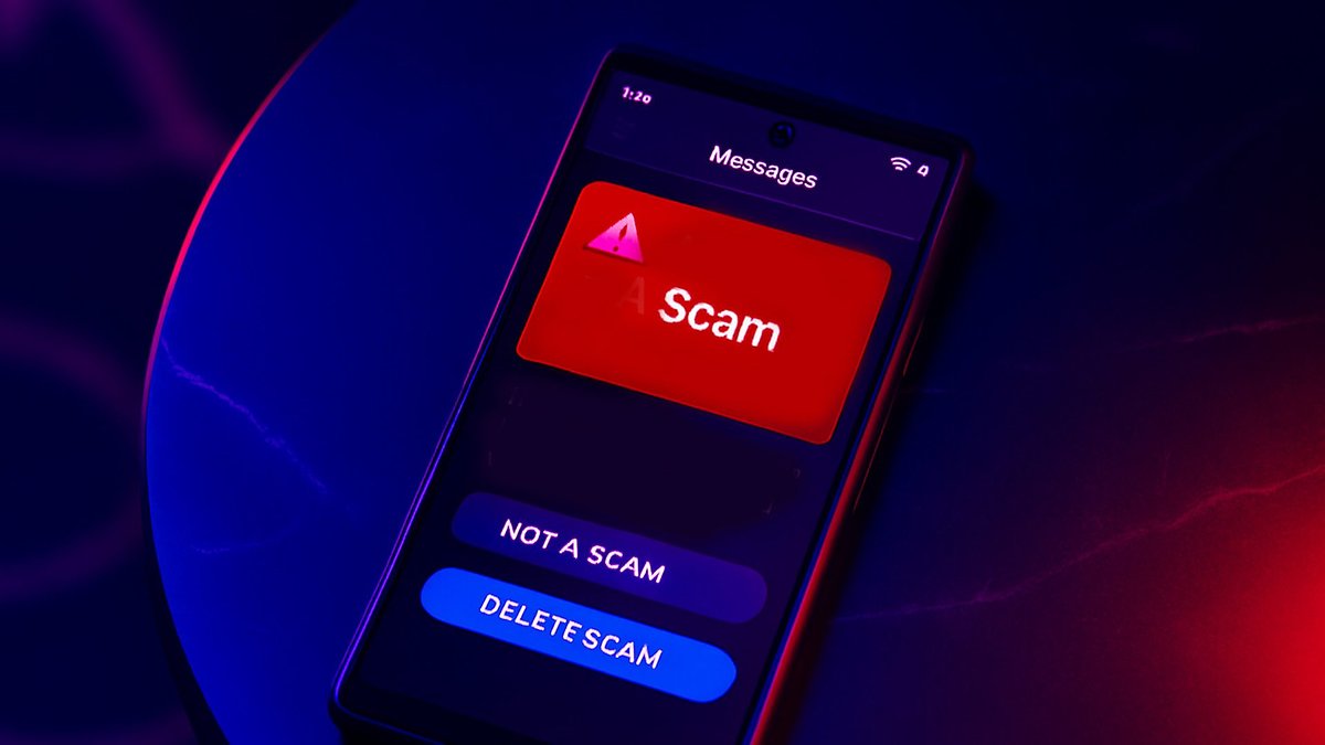 Un écran de smartphone affichant un message étiqueté 'Arnaque' avec les options 'Pas une arnaque' et 'Supprimer l'arnaque'.