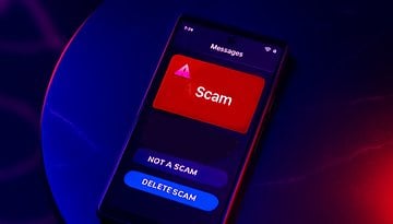 A smartphone screen displaying a message labeled 'Scam' with options 'Not a Scam' and 'Delete Scam'.