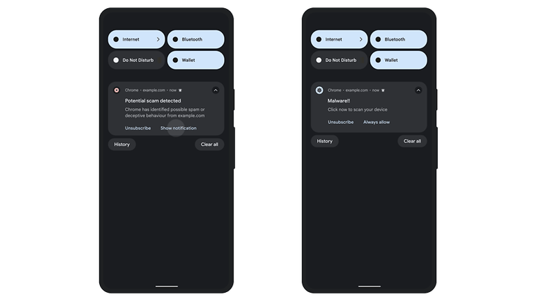 Two smartphone screens displaying Chrome notifications about a potential scam and malware warnings. Two smartphone screens displaying Chrome notifications about a potential scam and malware warnings.