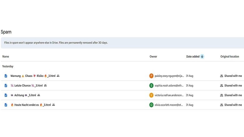 Spam folder in Google Drive showing files and their details. Spam folder in Google Drive showing files and their details.