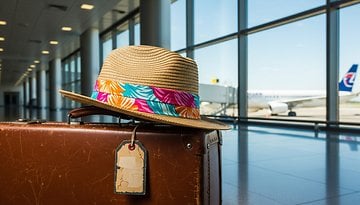 A straw hat on a vintage suitcase at an airport with an airplane in the background.