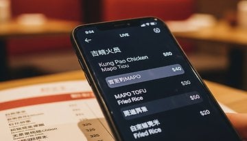 A smartphone displaying a menu with dishes like Kung Pao Chicken and Mapo Tofu, showing prices in a restaurant.