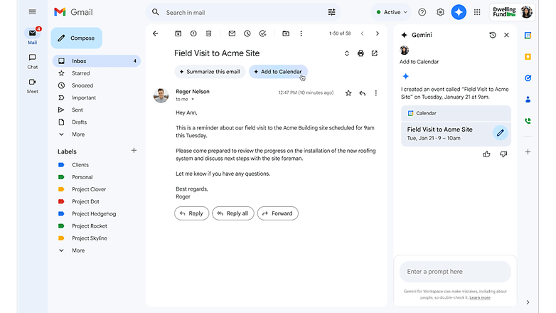 Gemini-aktiverat Lägg till i kalenderfunktionen Lägg till i Gmail