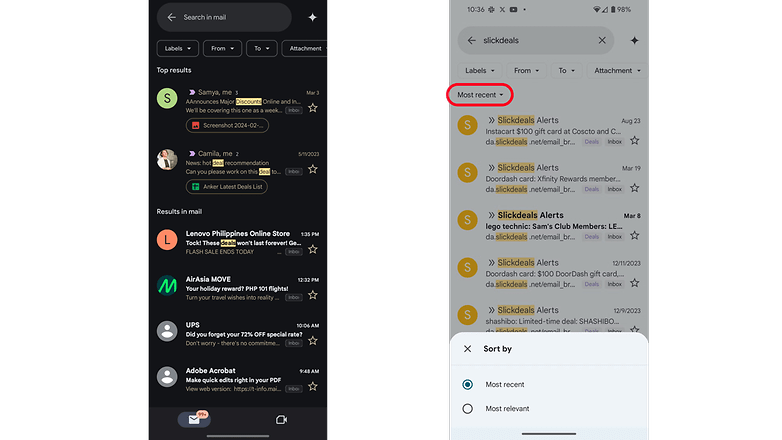 Gmail-App-Oberfläche mit Suchergebnissen und Sortieroptionen.