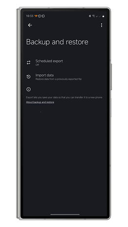 Backup and restore settings for Google Health Connect, showing options for scheduled export and data import.