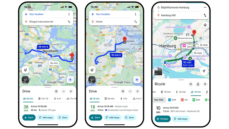 Three smartphones displaying Google Maps with routes from Stockholm and Amsterdam to Hamburg. Three smartphones displaying Google Maps with routes from Stockholm and Amsterdam to Hamburg.