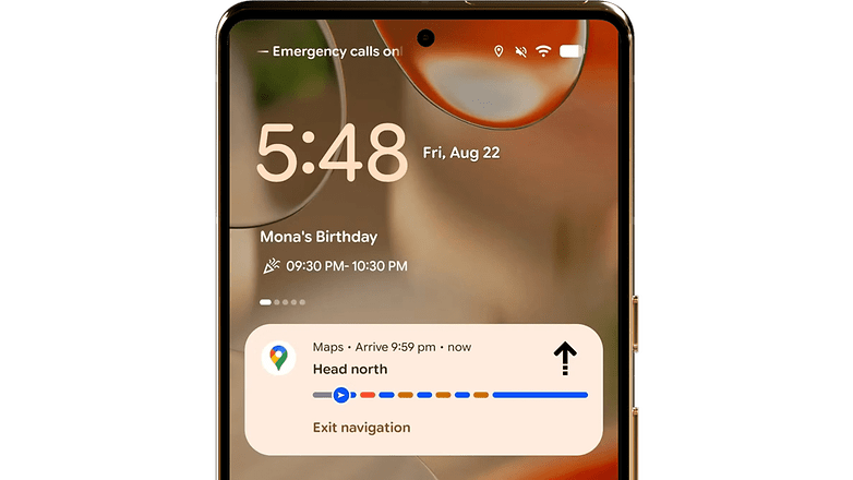 Google Pixel 8 Pro showing the time 5:48, Mona's Birthday, and navigation instructions to head north. Google Pixel 8 Pro showing the time 5:48, Mona's Birthday, and navigation instructions to head north.
