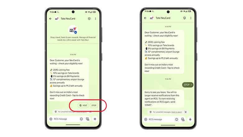 Two smartphones displaying Tata NeuCard messages with options to visit or stop notifications.