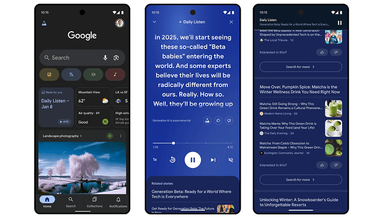 Tre smartphoneskärmar som visar Google News och ljudinnehåll med artiklar om teknik och livsstil.