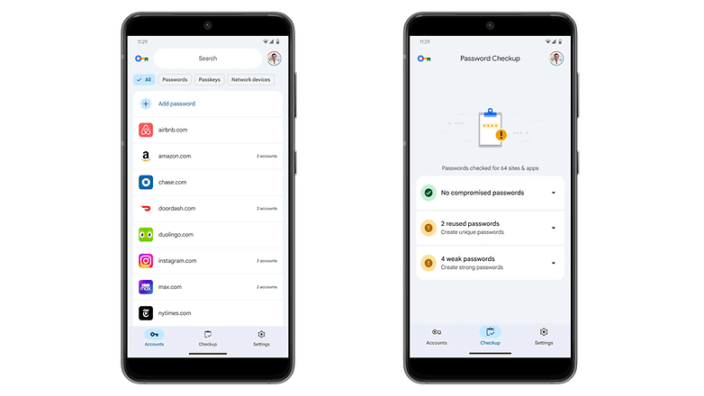 Two smartphones displaying a password management interface with accounts and password checkup features. Two smartphones displaying a password management interface with accounts and password checkup features.