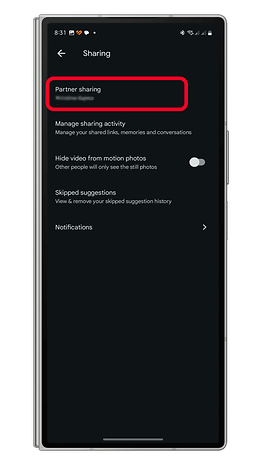 Google Photos App -skärm som visar partnerdelningsalternativ och relaterade inställningar.