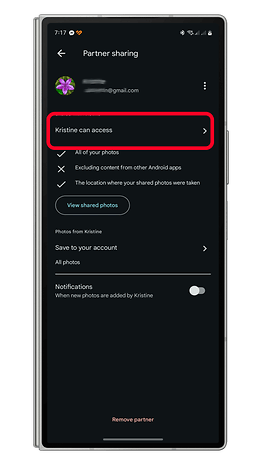 Google Photos Partner Sharing -inställningar som visar åtkomst för Kristine.
