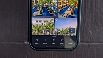 A smartphone screen displaying a Google Photos interface with four images of a pool area and palm trees.