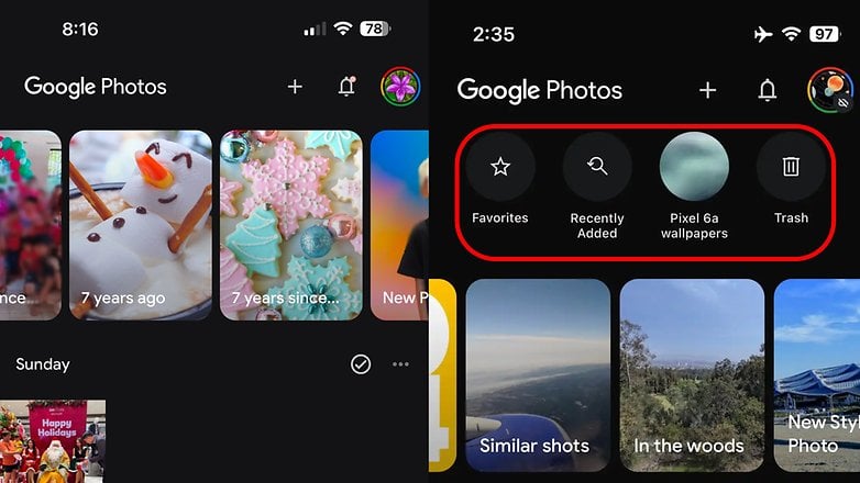 Interface de l'application Google Photos affichant les favoris, ajouts récents et fonds d'écran.