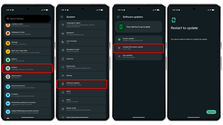 Google Pixel 10 settings interface showing software updates and system update details. Google Pixel 10 settings interface showing software updates and system update details.