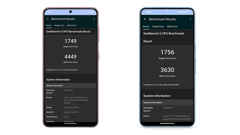 Benchmark du Pixel 8 Pro de Google après la mise à jour (à gauche) contre avant la mise à jour (à droite) / © X/u/Untylted / nextpit.