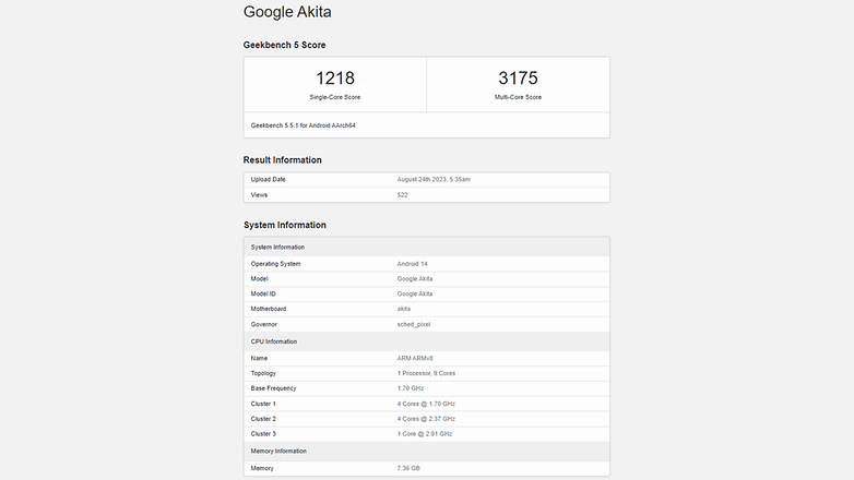 Google Pixel 8a Benchmark-Ergebnis