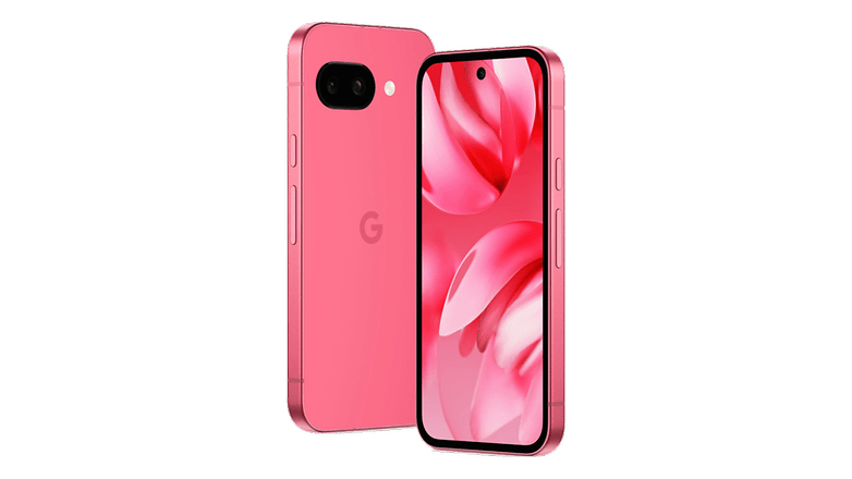 Pink Google Pixel 9A -smartphone som visas från framsidan och baksidan, med en livlig skärm.