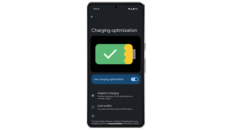 Google Pixel screen showing charging optimization settings and options.