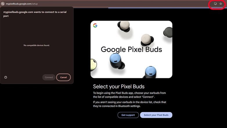 Écran de configuration pour l'application Google Pixel Buds montrant une demande de connexion sans appareils compatibles.