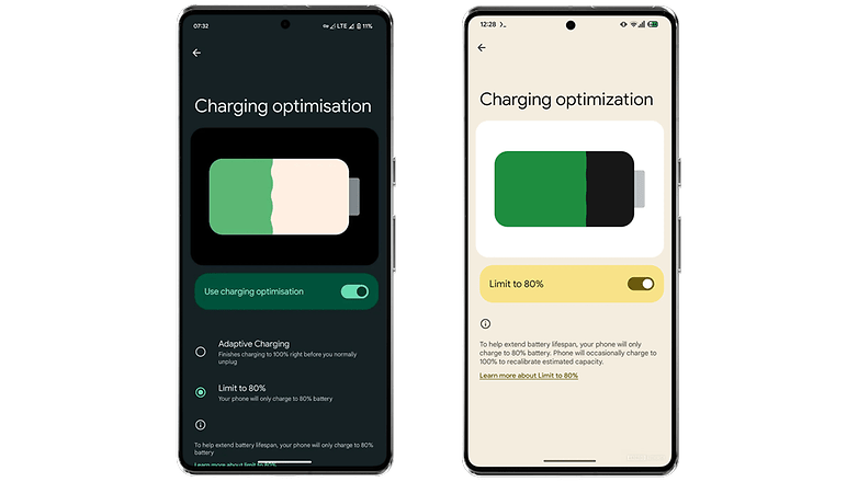 Deux smartphones affichant les paramètres d'optimisation de la recharge de la batterie.