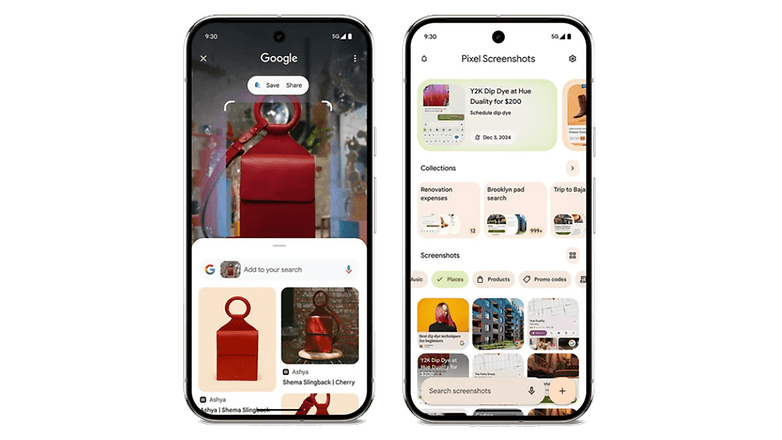Zwei Smartphones zeigen Google-Such- und Pixel-Screenshot-Funktionen.