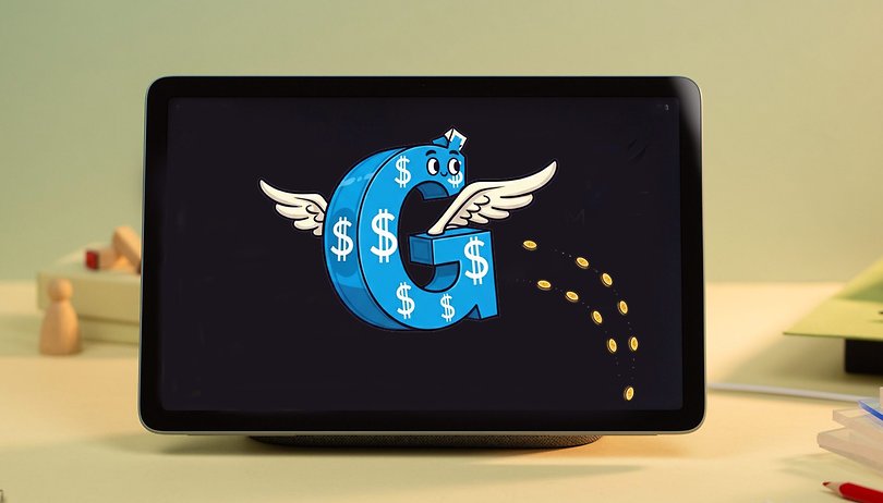Google Pixel Tablet with G money logo flying due to lawsuit
