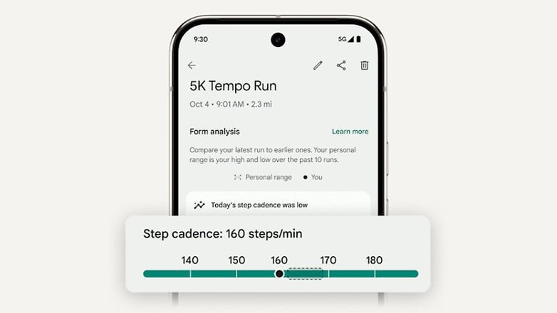 Montre Google Pixel affichant une analyse de course tempo 5K avec une cadence de pas à 160 pas/min.