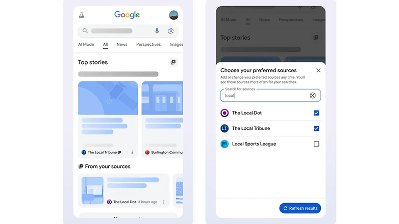Google search interface showing top stories and preferred sources selection. Google search interface showing top stories and preferred sources selection.
