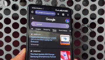 A smartphone displaying the Google search page with 'nextpit' query and news articles below.