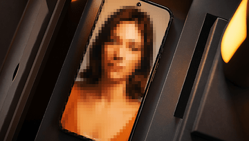 A blurred photo of a woman displayed on a smartphone screen.
