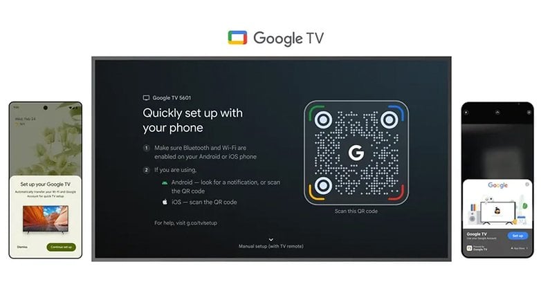 Google TV setup screen with QR code and instructions for Android and iOS phones. Google TV setup screen with QR code and instructions for Android and iOS phones.