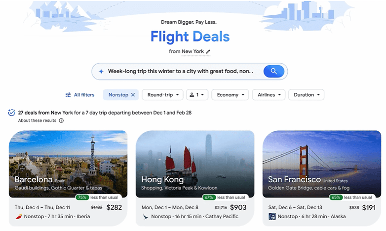 Flight deals from New York with options to Barcelona, Hong Kong, and San Francisco, showing prices and travel details. Flight deals from New York with options to Barcelona, Hong Kong, and San Francisco, showing prices and travel details.