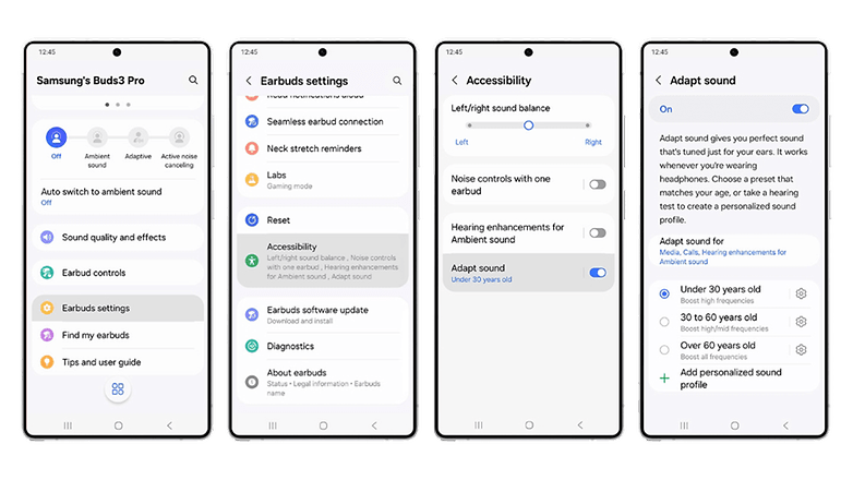 Interface des paramètres des Buds3 Pro de Samsung avec des options pour l'équilibre sonore et l'accessibilité.