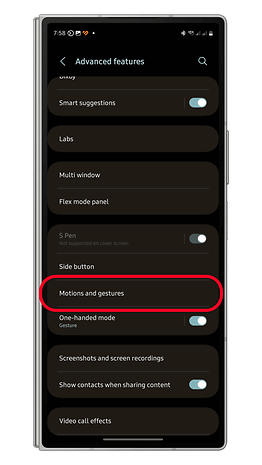 Écran des paramètres Samsung Galaxy affichant l'option 'Mouvements et gestes' en surbrillance.