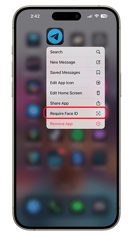 iPhone screen displaying Telegram app options, including 'Require Face ID' highlighted.