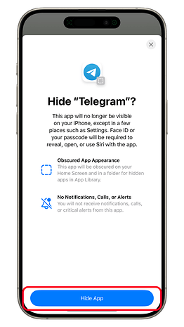 iPhone screen showing options to hide the Telegram app with a blue 'Hide App' button.