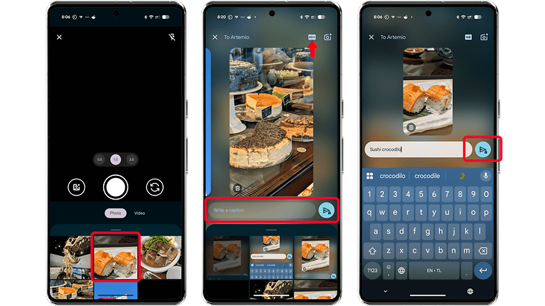 Three smartphone screens showing photo sharing and captioning features in a messaging app.