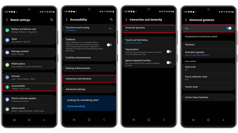 Captures d'écran du menu pour activer les gestes universels sur votre Galaxy Watch depuis un smartphone Android
