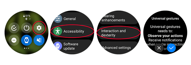 Capture d'écran du menu des gestes universels sur une Samsung Galaxy Watch